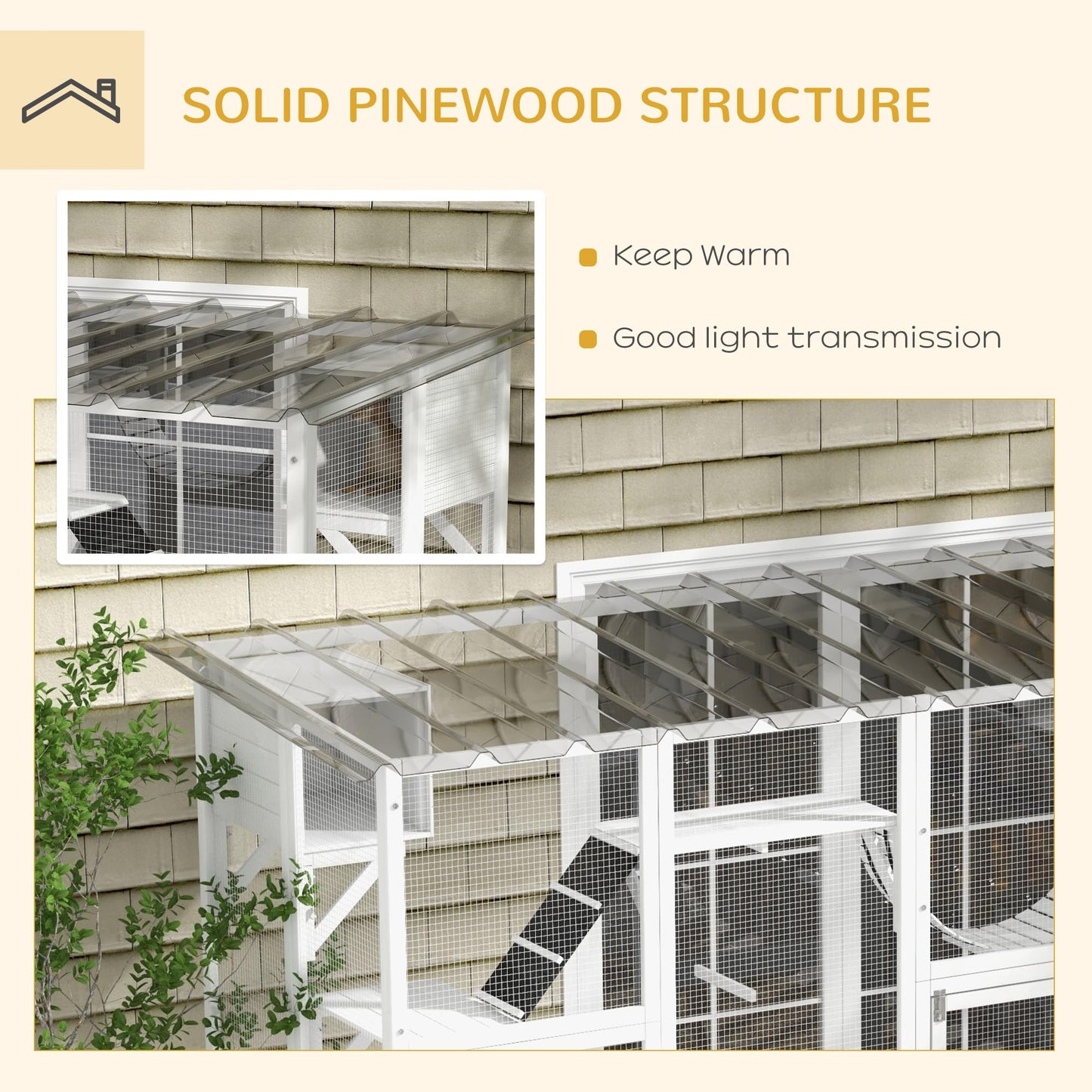 PawHut Catio Playground Cat Window Box Outside Enclosure, Outdoor Cat House with Weather Protection Roof for Multiple Kitties, Wooden Frame, Shelves & Bridges, 118" x 37.5" x 74", White