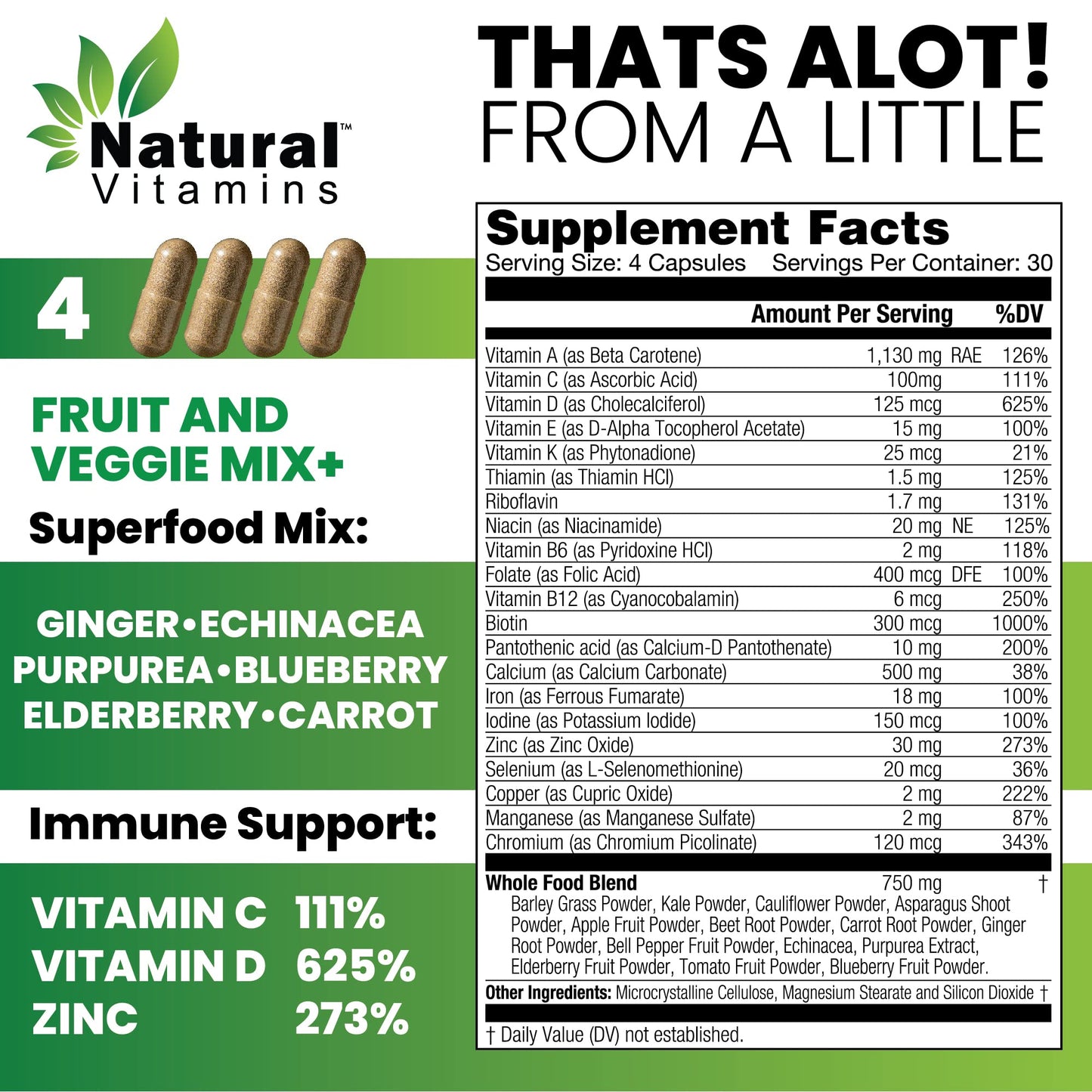 Natural Vitamins Immune Support Multivitamin with Fruits & Veggies - Complete Daily Health Support - Antioxidant-Rich, Packed with Vitamins and Minerals - Naturally Enhances Immunity