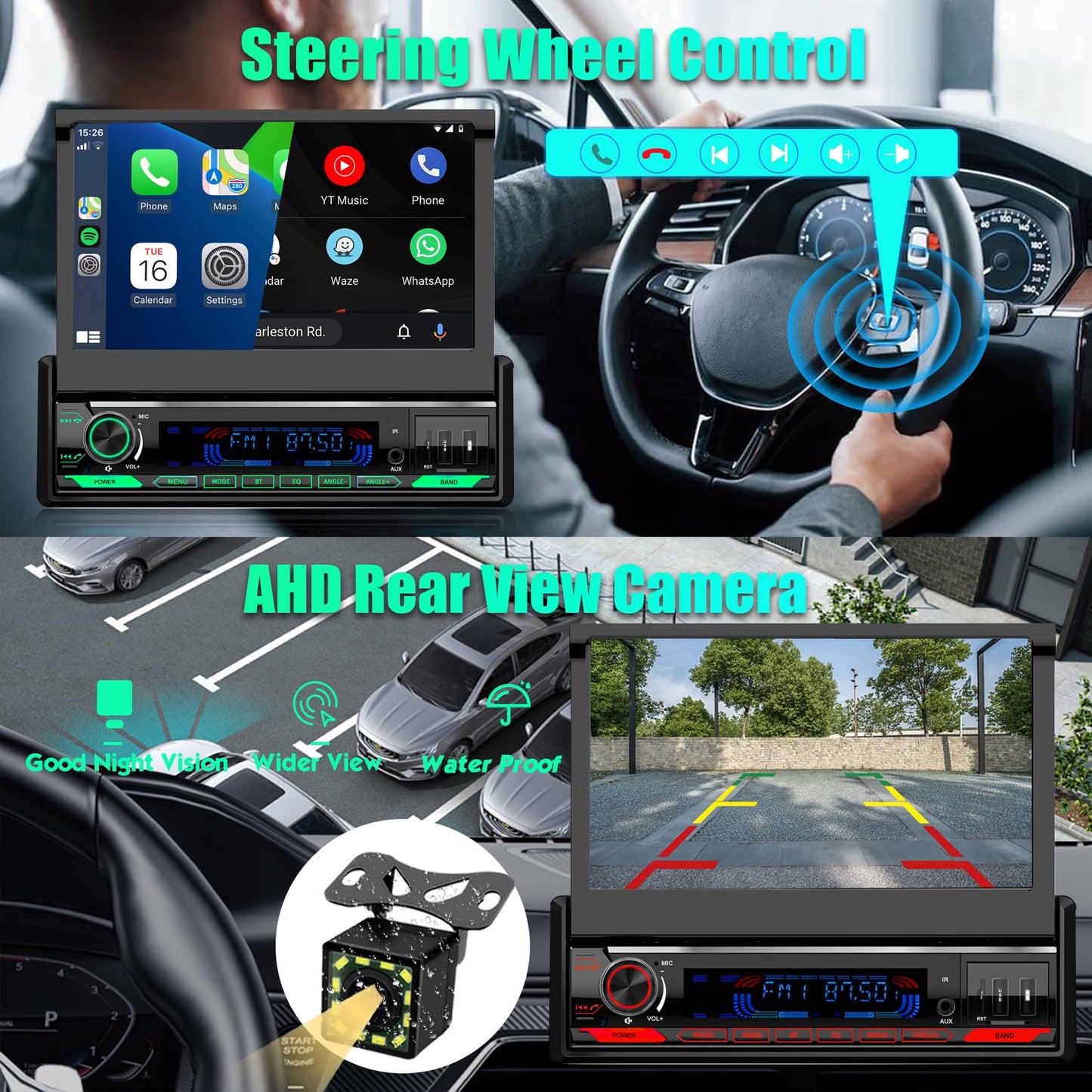 (Motorized&HD Screen) Single Din Apple Carplay Car Stereo with Android Auto - 7 Inch Flip Out Touchscreen Car Radio with Bluetooth| Mirror Link| Backup Camera/USB/AUX Input/AM/FM/Subwoofer/DSP