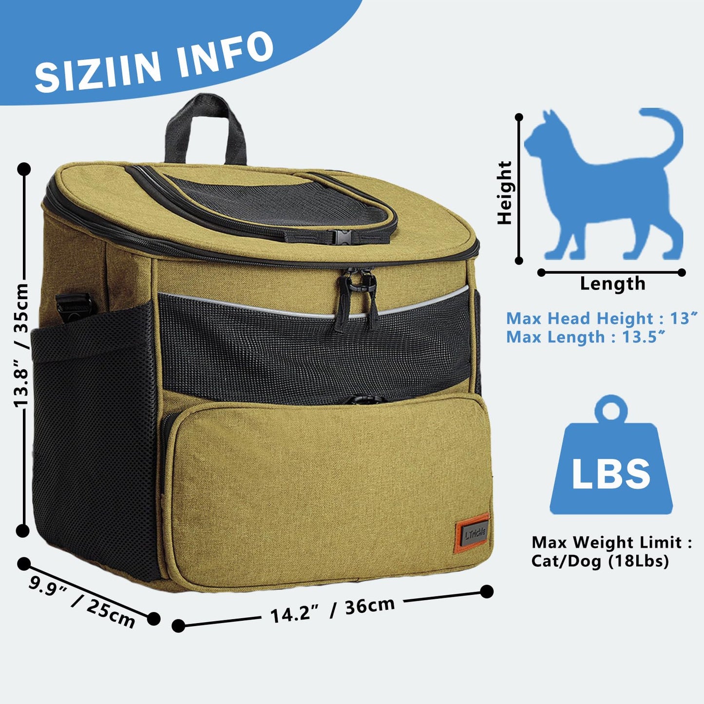 Pet Backpack Carrier for Cats，Dogs and Rabbits,5ways to Carry,Up to 18 Lbs，Ventilateda,Surface Waterproof and Soft Cushion Back Support Collapsible for Travel/Hiking/Outdoor(Green)