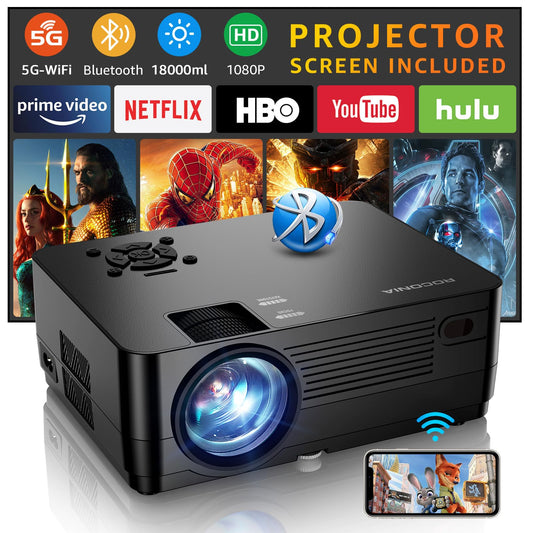Projector with 5G WiFi and Bluetooth, Native 1080P Projector[Projector Screen Included], Full HD 18000LM Movie Projector, 300" Display Support 4k Home Theater, Compatible with Phone/Laptop/TV Stick