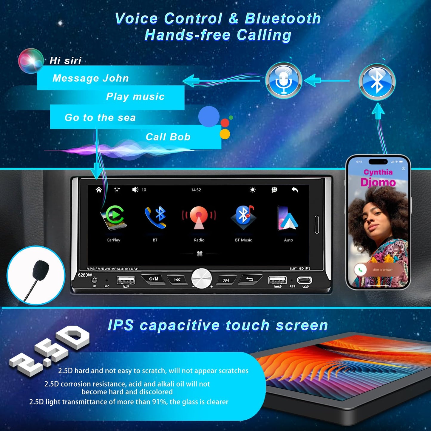 Single Din Car Radio Compatible with Wireless Apple CarPlay, Car Stereo with 6.9'' IPS Touchscreen,Bluetooth,FM AM Radio,GPS Navigation,Type-C/Dual USB 2.1A Fast Charge/Rear View Camera,MP5