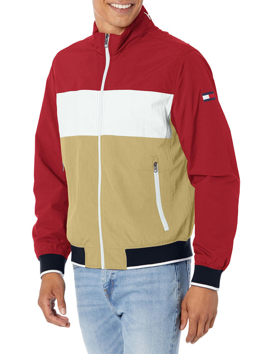 Tommy Hilfiger Men's Yachting Bomber Jacket, Khaki/Red Colorblock, Medium