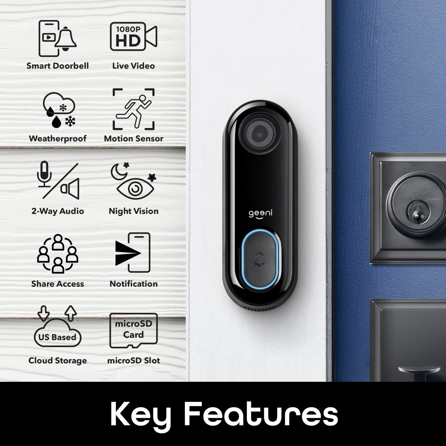 Geeni Smart Video Doorbell, 1080p HD, Motion Detection, Night Vision, Two-Way Audio, Weather-Resistant, Wired Installation, Alexa & Google Assistant Compatible, Wi-Fi Security Camera
