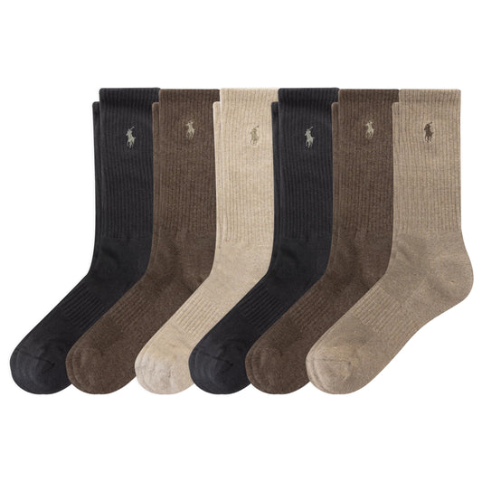 Polo Ralph Lauren Men's Athletic Performance Cotton Crew Socks-6 Pair Pack-Breathable Mesh & Sport Moisture Wicking, Brown, 6-12.5