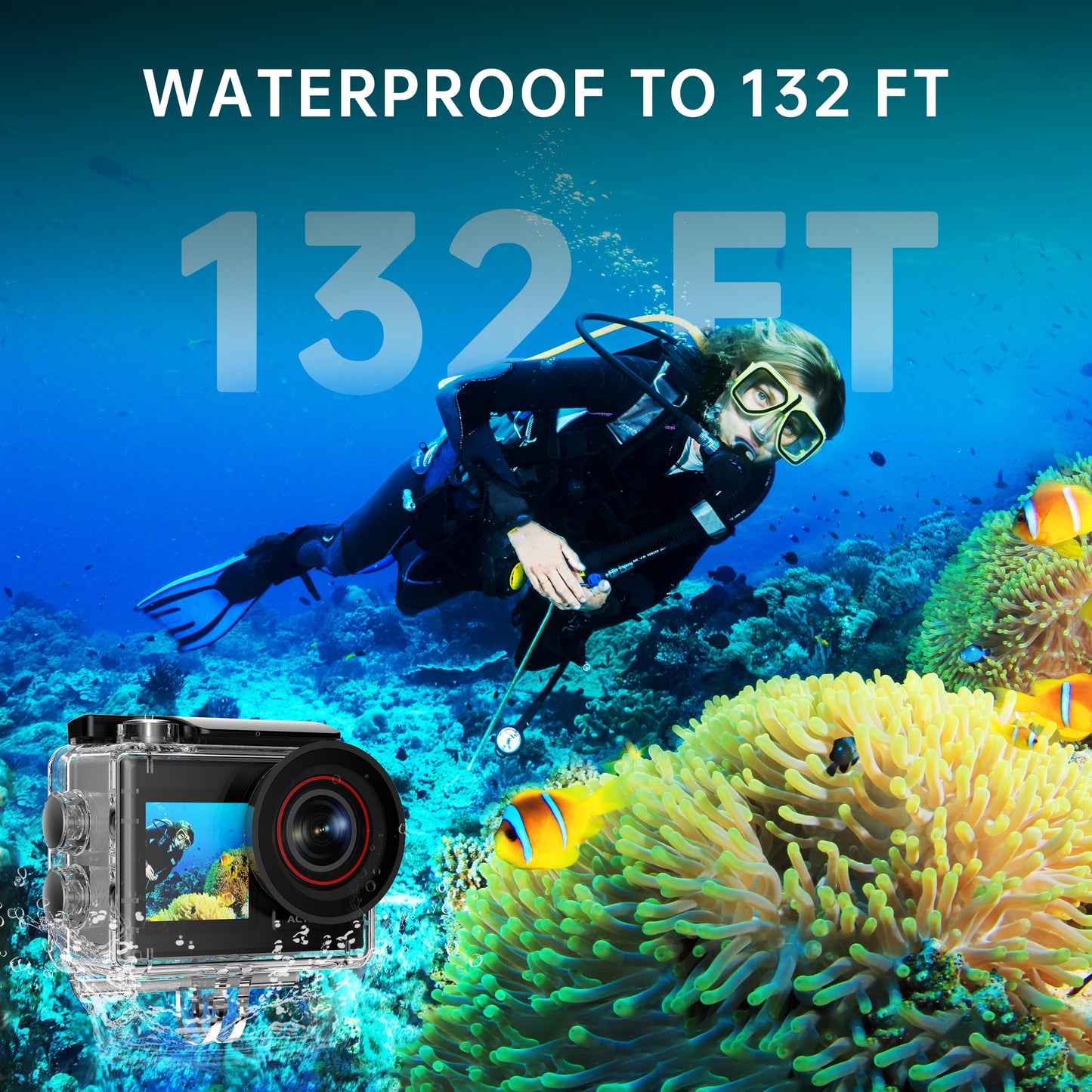 ODDV 4K60FPS 30MP Action Camera with Front LCD and Touch Rear Screens, Underwater Camera with 64GB Memory Card, 132FT Waterproof Camera, EIS, 5X Zoom, WiFi Remote Control（Black）
