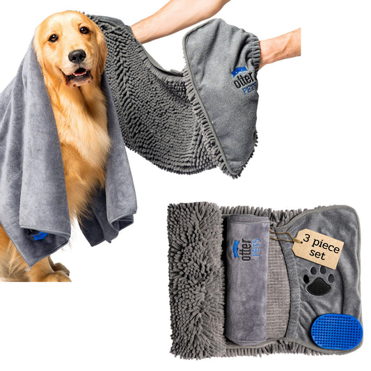 OtterPets 3 Piece Set: 2 Dog Towels and Dog Bath Brush. Dog Shammy and Microfiber Dog Towel. Super Absorbent Towels, Dog Bath Supplies, Dog Scrubber for Bath