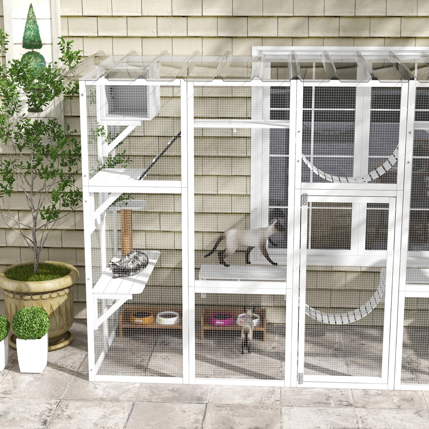 PawHut Catio Playground Cat Window Box Outside Enclosure, Outdoor Cat House with Weather Protection Roof for Multiple Kitties, Wooden Frame, Shelves & Bridges, 118" x 37.5" x 74", White