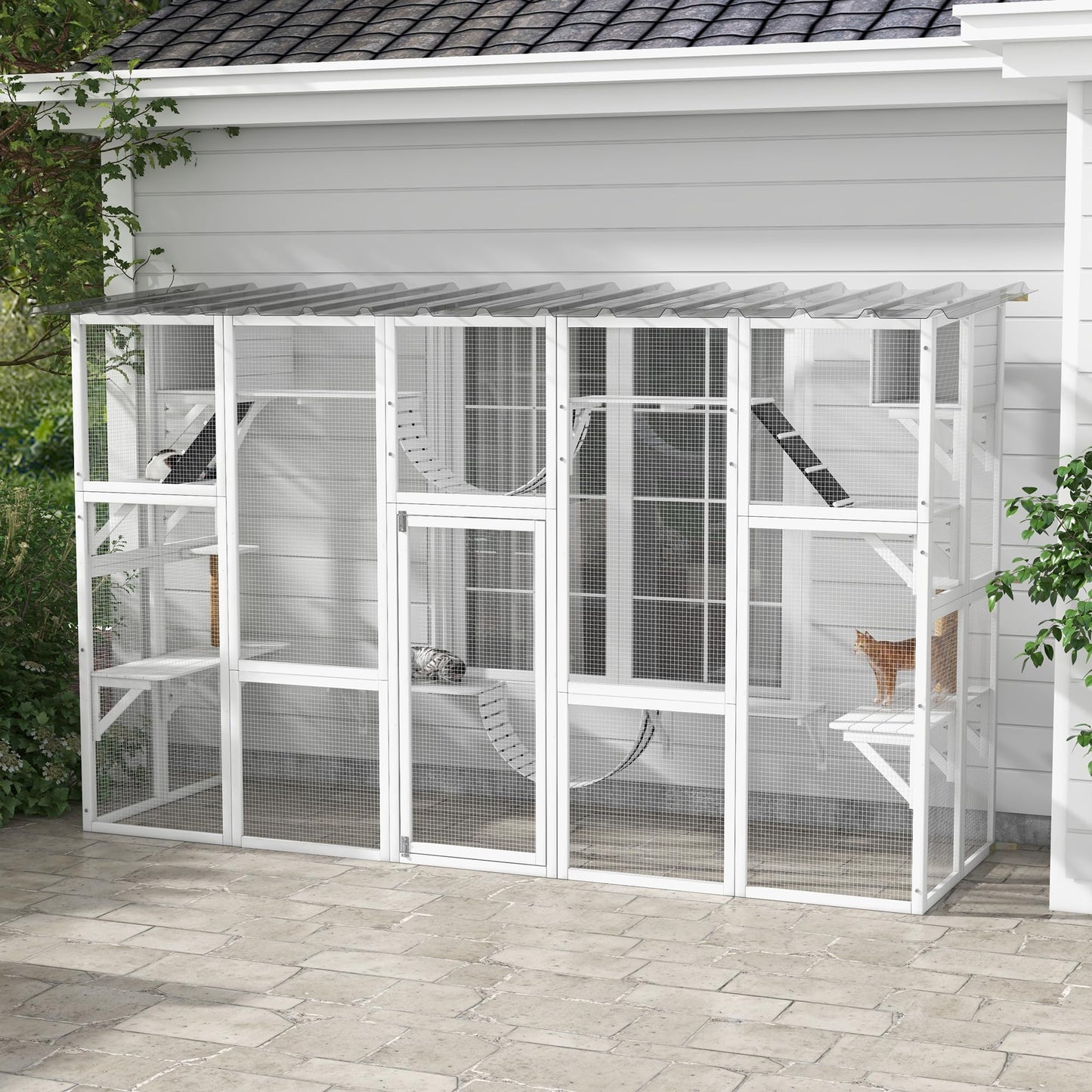 PawHut Catio Playground Cat Window Box Outside Enclosure, Outdoor Cat House with Weather Protection Roof for Multiple Kitties, Wooden Frame, Shelves & Bridges, 118" x 37.5" x 74", White