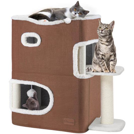 YITAHOME 2-Tier Cat House, Indoor Cat Cave Bed Playhouse, Flannel & Cool Mat, Covered Cat Beds with Scratch Pad and Hideaway Cave, Cute Modern Cat Condo Furniture for Multi Small Cats, Brown