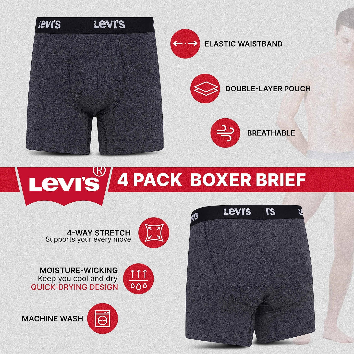 Levi's Mens Boxer Briefs Breathable Stretch Underwear 4 Pack